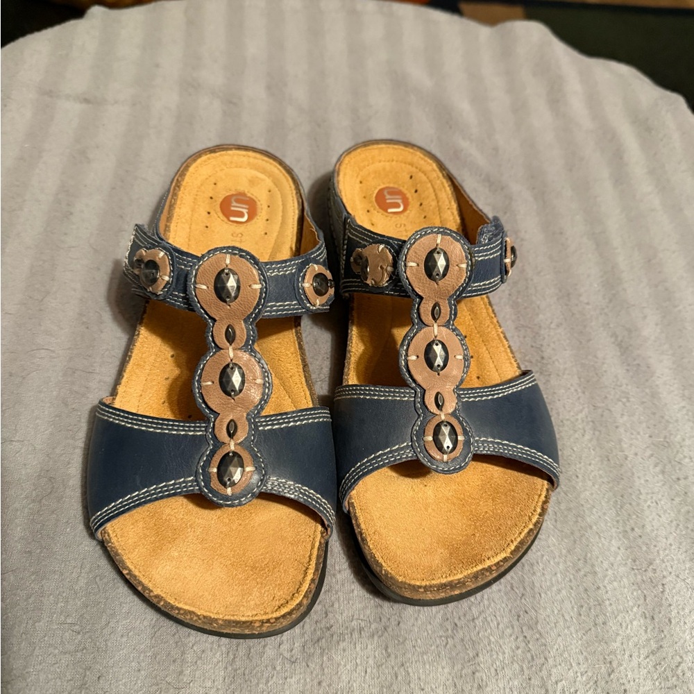 Clarks Navy and Tan Sandals with Embellishments